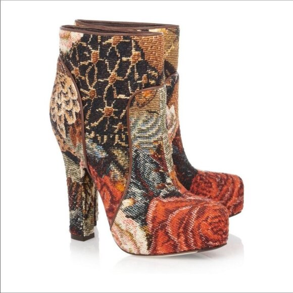 Dolce & Gabbana floral tapestry  jacquard yellow red heeled ankle boots 37 - Picture 16 of 16